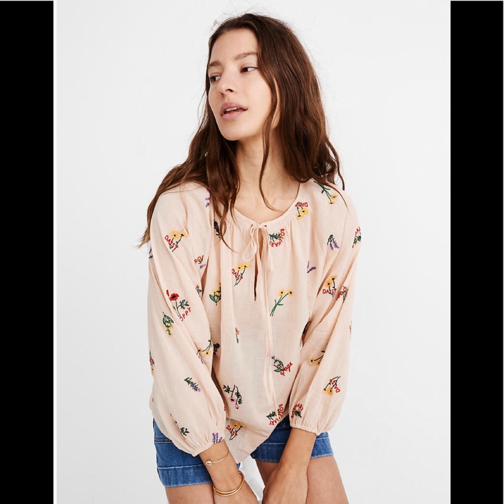 Botanical Embroidered Tie-Neck Peasant Top